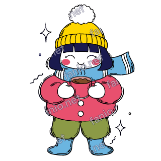 Nuri holds a steaming mug of hot cocoa in both white mittens.