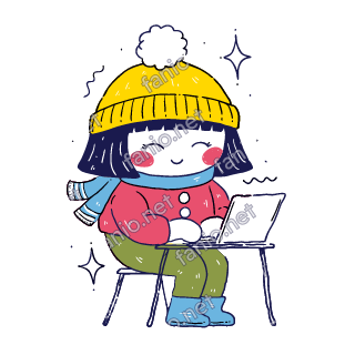 Nuri sits at a small desk and types on an open laptop.