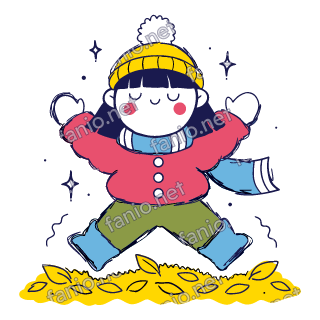 Nuri jumps high into a pile of autumn leaves with arms up.