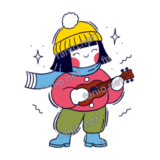 Nuri plays a small ukulele and sings.