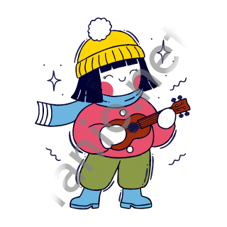 Nuri plays a small ukulele and sings.