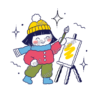 Nuri paints with a brush on a small easel.