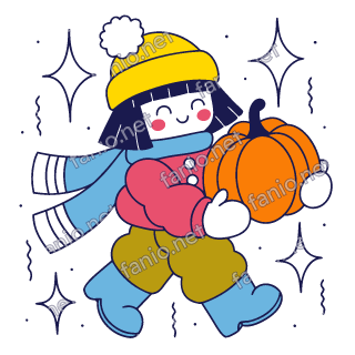 Nuri carries a big orange pumpkin in both mittens while walking.
