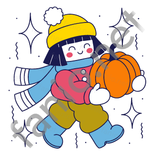 Nuri carries a big orange pumpkin in both mittens while walking.