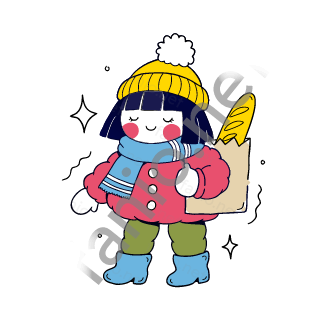 Nuri holds a paper shopping bag with a baguette in it.