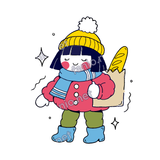 Nuri holds a paper shopping bag with a baguette in it.