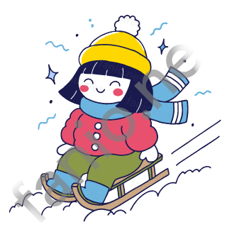 Nuri rides a wooden sled down a snowy slope.