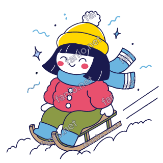 Nuri rides a wooden sled down a snowy slope.