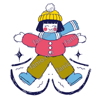 Nuri lies on the snow with both mittens spread wide, making a snow angel and smiling.