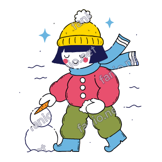 Nuri builds a small snowman and gives it an orange nose.