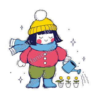 Nuri waters a row of potted flowers with a watering can.