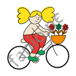 A girl with pigtails rides a bicycle with a basket of flowers on the front.
