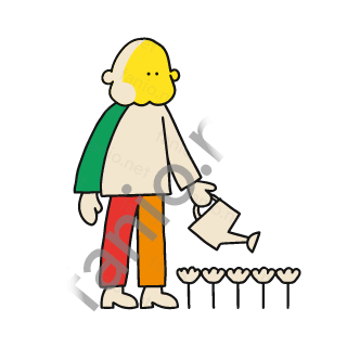 An older man stands with a watering can and waters a row of small flowers.