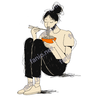رسم بالحبر بأسلوب الطباعة الريسوغرافية لامرأة تجلس على الأرض وتأكل المعكرونة بعودين من وعاء برتقالي.