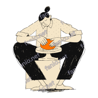 رسم بالحبر بأسلوب الطباعة الريسوغرافية لرجل بشعر معقود أعلى رأسه يجلس على مكعب ويشكل إناء فخار برتقاليا على دولاب الفخار.