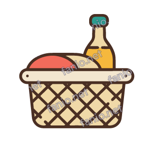 A wicker basket of groceries with bread and a bottle.