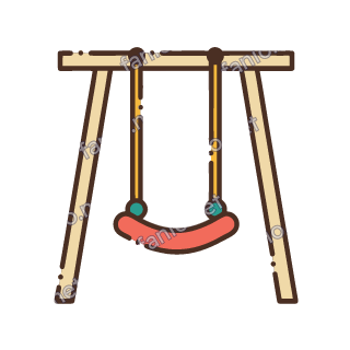 A wooden fairground swing hanging from two ropes on a frame.