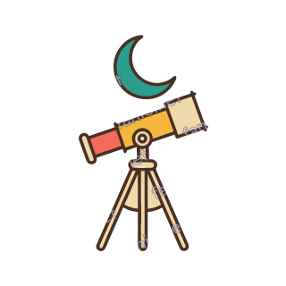 A small telescope on a tripod pointed at a crescent moon.