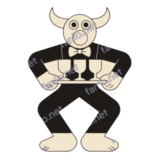 A bull with wide horns and a bow tie in a black suit, carrying a tray of three empty glasses.