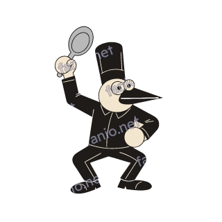 A crow in a tall chef hat and black uniform crouching with a raised grey frying pan in one hand.