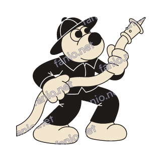 A cream dog in a black firefighter helmet and jacket crouching with both hands on a long fire hose that ends in a metal nozzle.