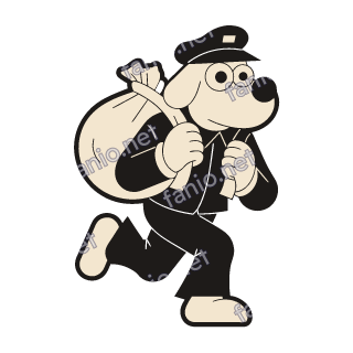 A dog in a postman cap and uniform running with a large cream sack of mail slung over his back.