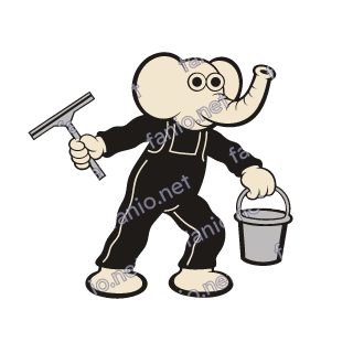 An elephant in black overalls holding a squeegee in one hand and a grey bucket in the other.
