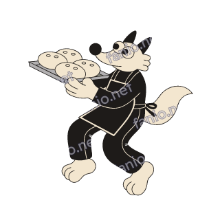 A black and cream fox in an apron stepping forward and holding out a metal tray of round bread rolls, its bushy tail tied with a bow.