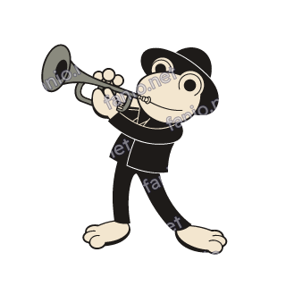 A frog in a black hat and jacket standing and playing a grey trumpet.