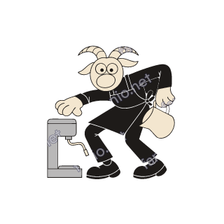 A goat with curled horns in an apron leaning beside a grey espresso machine and holding a milk pitcher.