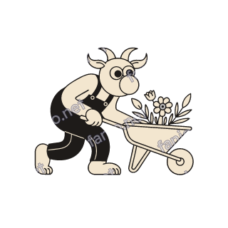 A cream goat with curled horns in black overalls pushing a wheelbarrow full of flowers and leaves.