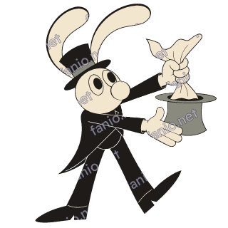 A rabbit magician in a top hat and tailcoat pulling a knotted cloth out of a grey hat held in his other hand.