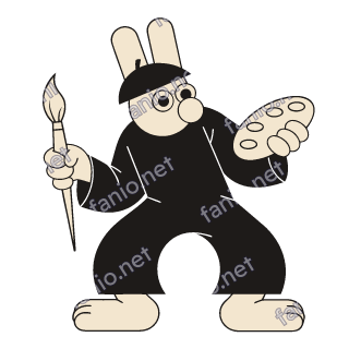 A cream rabbit in a black beret and smock holding a long paintbrush in one hand and an oval paint palette in the other.