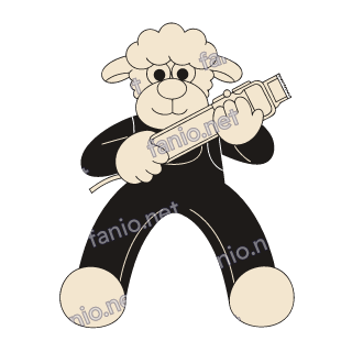 A sheep in a black suit with a fluffy head holding a large electric shearing clipper across its chest.