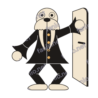 A walrus doorman in a black coat with gold buttons, holding a tall cream door open with one arm and gesturing with the other.
