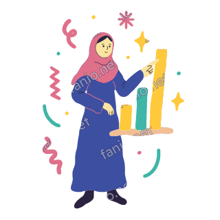 Salma points at a big bar chart with three yellow and teal bars standing next to her.