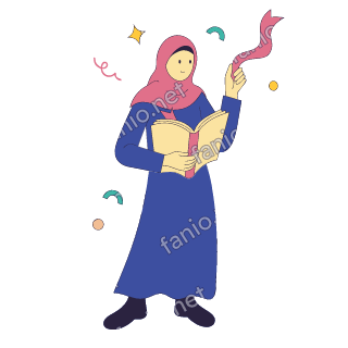 Salma holds a big coral bookmark ribbon and an open book, pleased.