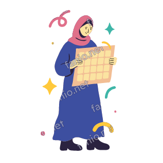 Salma holds a big wall calendar page in both hands and checks it.
