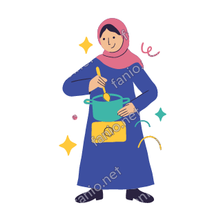 Salma stirs a teal pot on a small yellow stove with a long spoon, smiling.