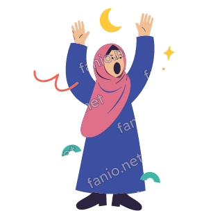 Salma yawns and stretches both arms up under a small yellow crescent moon.
