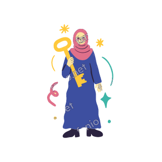 Salma holds up a big golden key in one hand, smiling.