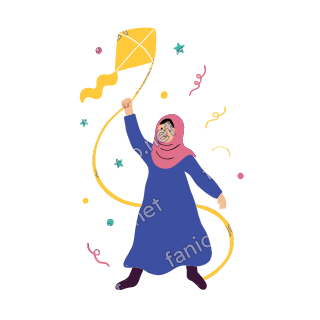 Salma flies a yellow kite on a long string held in her raised hand.