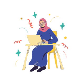 Salma sits on a yellow chair at a small desk, typing on an open laptop.