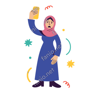 Salma holds a yellow phone high above her head with a worried face, looking for a signal.
