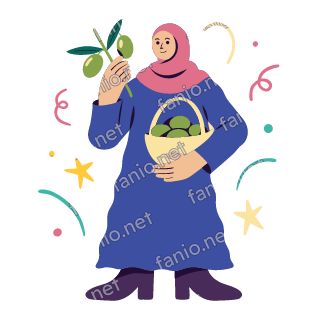 Salma holds an olive branch and a basket full of green olives.