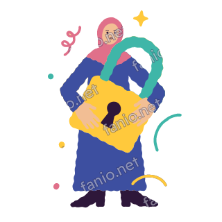 Salma holds a big yellow padlock with a teal shackle and a dark keyhole in front of her.