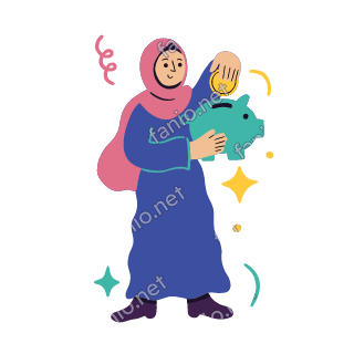 Salma holds a teal piggy bank at her chest and drops a yellow coin into it.