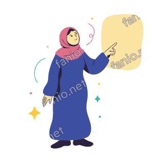 Salma points with one hand at a big blank board beside her.