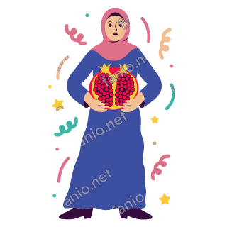 Salma holds a big open red pomegranate in both hands, showing its seeds.