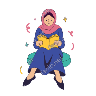 Salma sits on a round teal cushion reading an open yellow book held in both hands.